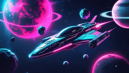 Sleek futuristic spaceship zooms past vibrant neon pink and cyan glowing alien planets in deep space