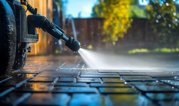 Pressure washing machine cleans brick pavers with high pressure power washer