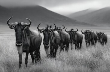 an expansive herd of wildebeest grazing in the african savanna, with tall grasses and acacia trees in background.