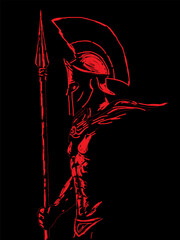Warrior legionary soldier with spear. Vector illustration in red colors on a black background. The image illustrates a Spartan warrior, symbolizing discipline, strength and devotion.