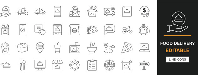 Food delivery editable line icons pack. Food, courier, express, takeaway, order, scooter, rider, tracking, shipping, logistics, parcel and more icons.