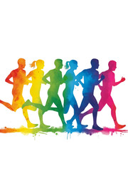 Fototapeta premium Vibrant watercolor silhouettes of people running in a rainbow gradient against a dark transparent background