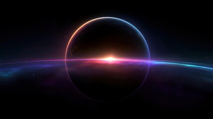 Obraz premium A planet is seen in space with a bright light emerging at the horizon. The background is dark with colorful light effects surrounding the planet. The scene captures the moment of dawn.