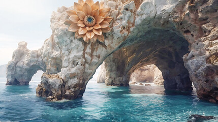 Natural Rock Arches with a Large Decorative Flower Overlooking Ocean water nature