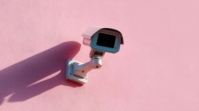 Surveillance camera mounted on a pink wall capturing activities in a vibrant urban environment during daylight hours