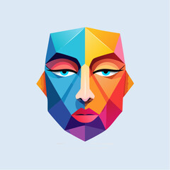 A vibrant, multicolored geometric portrait of a woman's face viewed from the front, showcasing diverse facets and emotions in a colorful illustration