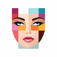 A colorful illustration of a woman's face showcasing vibrant makeup and diverse colors from different angles and perspectives