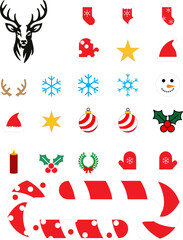 Christmas icon set featuring festive elements like stockings, mittens, snowflakes, ornaments, holly, and candy canes.