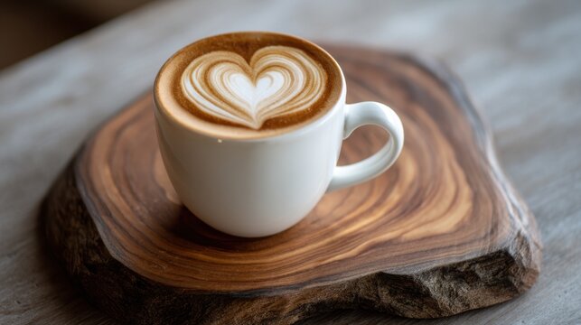 A white coffee cup sits on a wooden slab. The coffee has a heart design made from foam. The setting is a cafe with warm light coming in during the morning. - Powered by Adobe