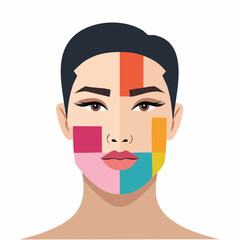 A woman's face divided into colorful sections for makeup tutorial illustration viewed from the front