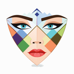 Geometric illustration of a woman's face with colorful mosaic patterns viewed from the front in a creative artistic style
