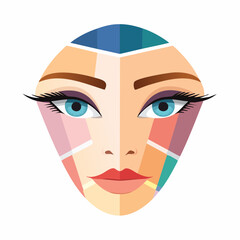 Illustration of a woman's face with colorful facial mapping and makeup application on a plain white background from a frontal view