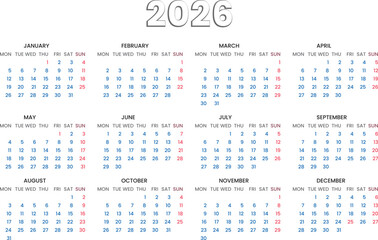 2026 calendar year, minimalist one page annual planner vector with Monday start on white background