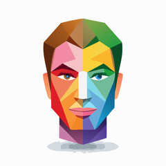 Multicolored geometric portrait of a man's face viewed from the front with a subtle shadow effect
