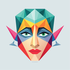 Vibrant geometric portrait of a woman's face with colorful polygonal shapes and abstract elements in a modern art style