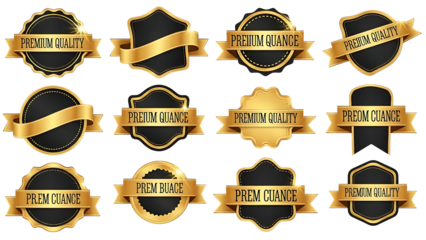Collection of golden premium quality badges and ribbons on transparent background