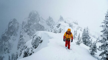 Lone mountaineer in bright yellow and red gear hikes along a snowy ridge during a blizzard, with a dramatic, foggy alpine landscape of rocky peaks and trees