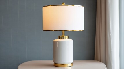 A lamp sits on a table in a room. Its white shade casts light creating a warm glow. The background has light curtains and a plain wall creating a homely atmosphere in the evening.