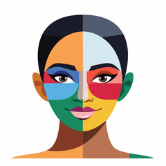 Vibrant illustration of a diverse woman's face with colorful abstract segments, symbolizing multiculturalism and diversity from a straightforward perspective.