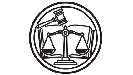 A judicial symbol featuring a gavel and scales of justice in a circular emblem.
