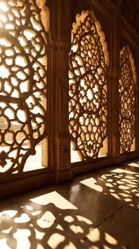 Sunlight streams through intricate carved stone jali screens casting dramatic shadows indoors