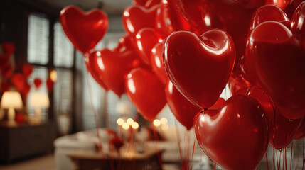Romantic Valentine's Day scene with heart-shaped balloons and cozy atmosphere. Red heart balloons create a romantic ambiance, perfect for celebrating love and affection