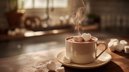 Steaming hot chocolate with heart-shaped marshmallows, perfect for Valentine's Day. This cozy image evokes feelings of warmth and love, ideal for romantic celebrations and gifts for loved ones