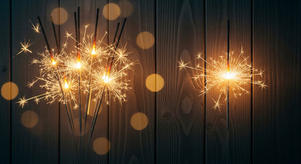 Sparkler sticks burning against wood panel backdrop, showcasing warm light trails and bokeh effect, symbolizing celebration and festive atmosphere