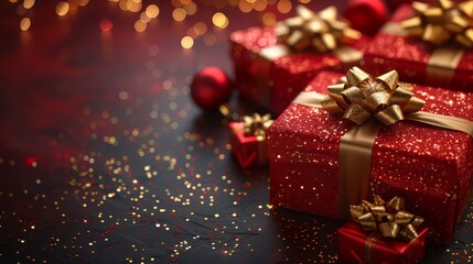 Christmas banner. Realistic gold gift box with red bow, pine branches, golden stars and glitter confetti. Xmas background, cover, poster, greeting cards, headers website.