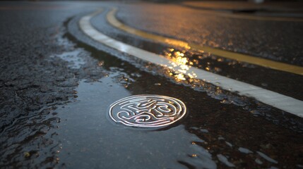 Naklejka premium puddle reflects light on wet city street