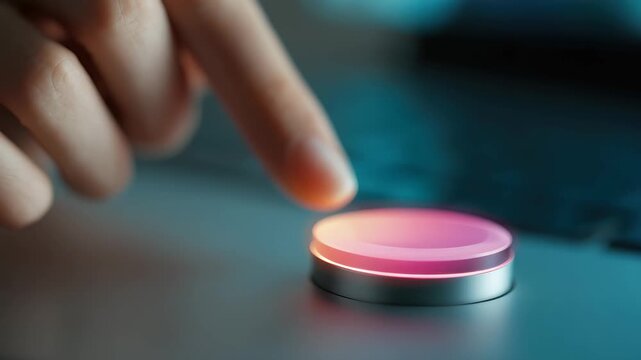 Person activating a colorful device button on a laptop when working late at night in a dimly lit room