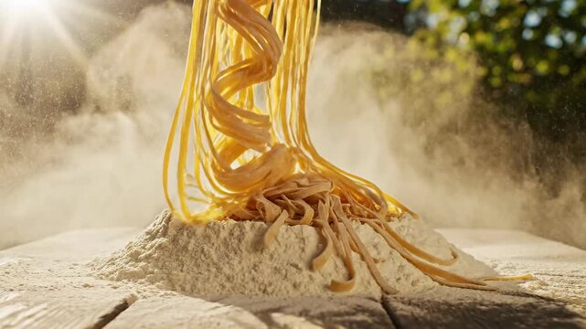 Fresh pasta falling into white flour dust cloud outdoors