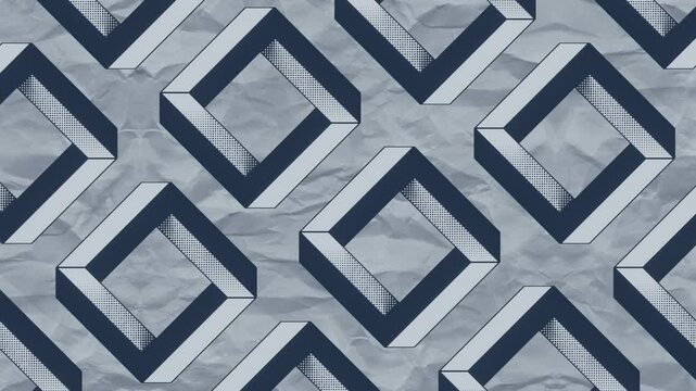 Seamless 3D animation of a geometric background. Impossible shapes intertwine in dark blue tones. Rotating rhombuses create an optical illusion and a crumpled paper texture
