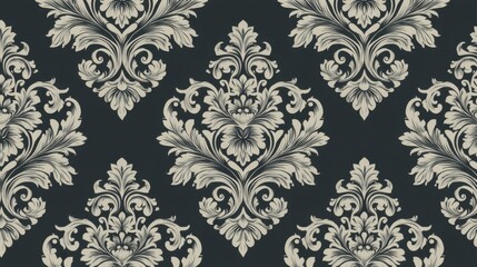 Obraz premium The design shows a floral pattern with symmetrical motifs on a dark background. The pattern features detailed leaves and flowers arranged in a repeating style.