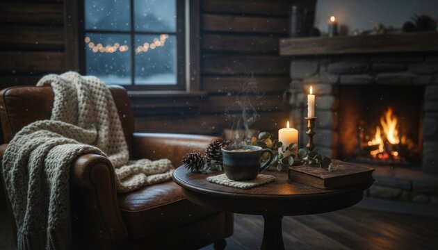 Steaming blue ceramic mug of coffee sits on a wooden table next to candles and a book in a cozy rustic cabin with a fireplace and snow falling outside - Powered by Adobe