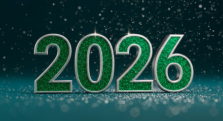 Image of glittering green number "2026" with silver edge on dark teal backdrop, symbolizing upcoming year, celebration, and festive atmosphere