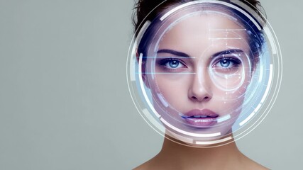 Close-up of a woman with striking blue eyes engaging in a digital facial recognition demonstration in a modern studio setting