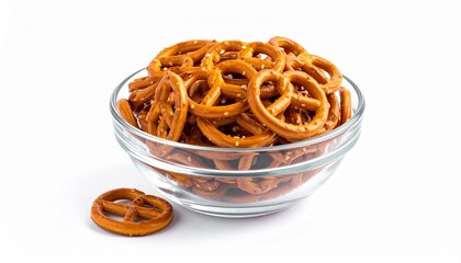 Clear glass bowl filled with golden brown pretzels on white surface with a few scattered outside