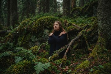 Naklejka premium Young thoughtful woman in black clothes sits alone among mossy roots in a dark, atmospheric, ancient forest looking up with a hopeful expression