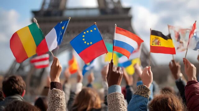 People celebrating with flags at the Eiffel Tower during a sunny day in Paris, showcasing a vibrant atmosphere of unity and cultural pride