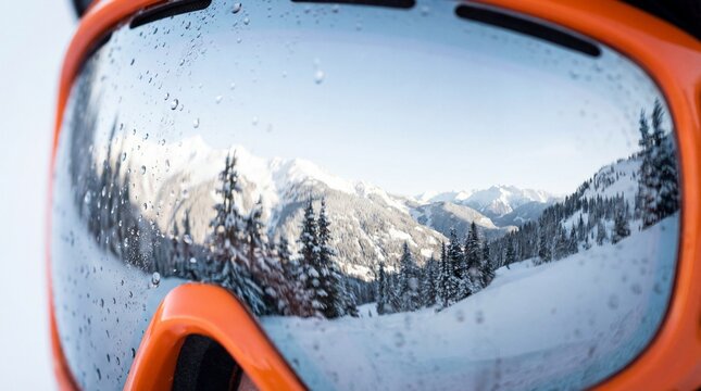 Close-up of orange ski goggles reflecting a winter landscape with snowy mountains and pine trees. Ideal for winter sports themes, travel advertisements, and ski resort promotions.