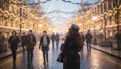 Obraz premium Woman from behind in a faux fur coat and beret enjoys a warm drink on a wet cobblestone street with atmospheric holiday decorations and blurred lights
