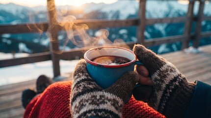 Fototapeta premium Hands in wool gloves holding steaming mug of mulled wine on snowy mountain balcony. Cozy winter travel and relaxation concept with warm sunset light.