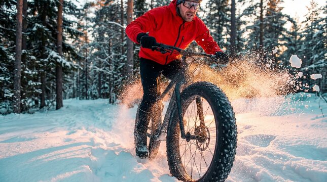 A man rides a fat bike in a snowy forest during sunset. The cyclist kicks up snow, illustrating an active lifestyle and winter sports enthusiasm. - Powered by Adobe
