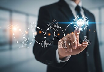 Businessman Planning Business Strategy with Digital Icons, Growth, and Success
