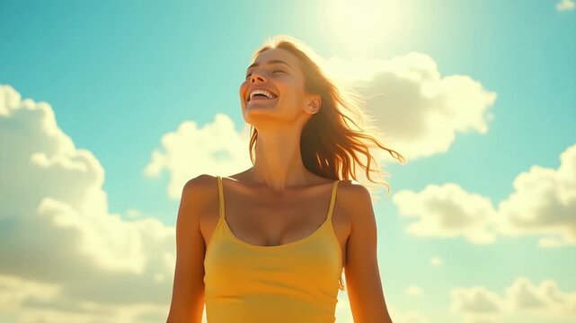 junge Frau im gelben Shirt im Sonnenschein