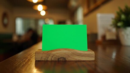 Green business card resting in a wooden stand on a stylish bar counter. Ideal for showcasing essential contact details, brand logos, or personalized messages