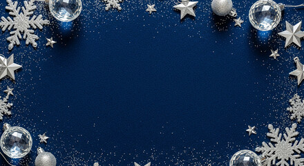 Festive flat lay with silver snowflake, star, and bauble ornamentations around a dark blue background, suggestive of winter holiday cheer with blank space