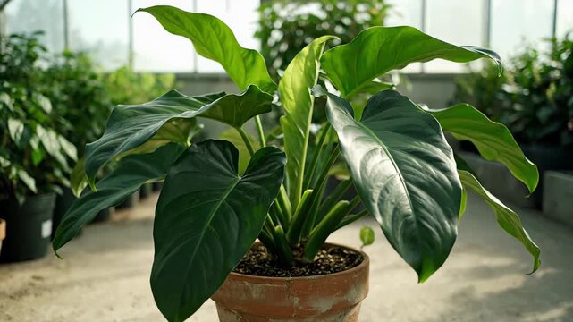 Beautiful green philodendron houseplant growing in a terracotta pot. The large, glossy leaves are illuminated by the natural light of a big greenhouse