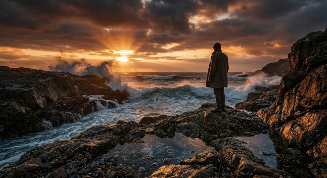 Solitary person in a warm coat stands on a rocky coastline, contemplating the powerful crashing waves of a stormy sea during a dramatic golden sunset - Powered by Adobe